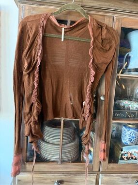 Free People Burnt Orange Ruffle-Trim Open Cardigan